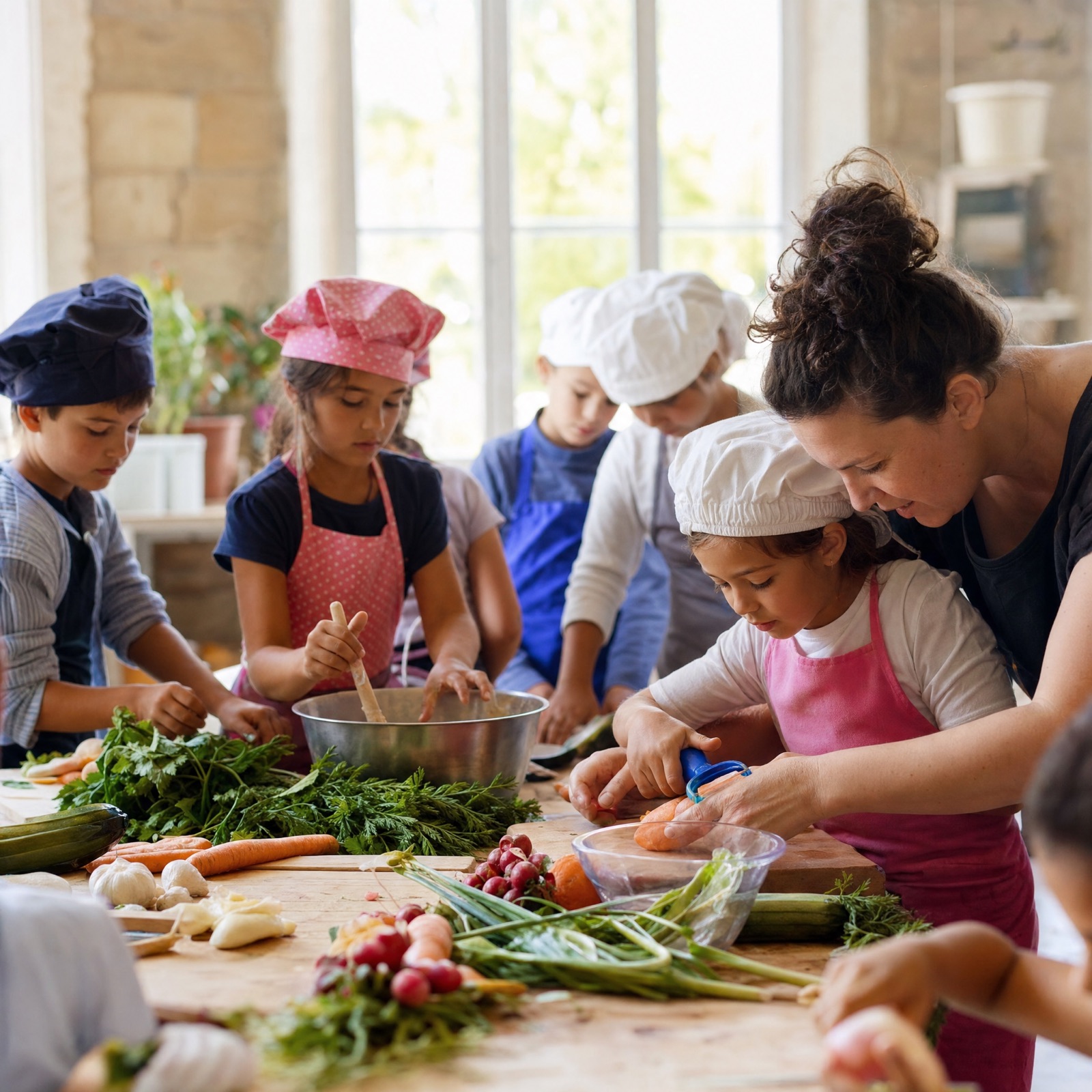 Des enfants préparent un clafoutis aux cerises